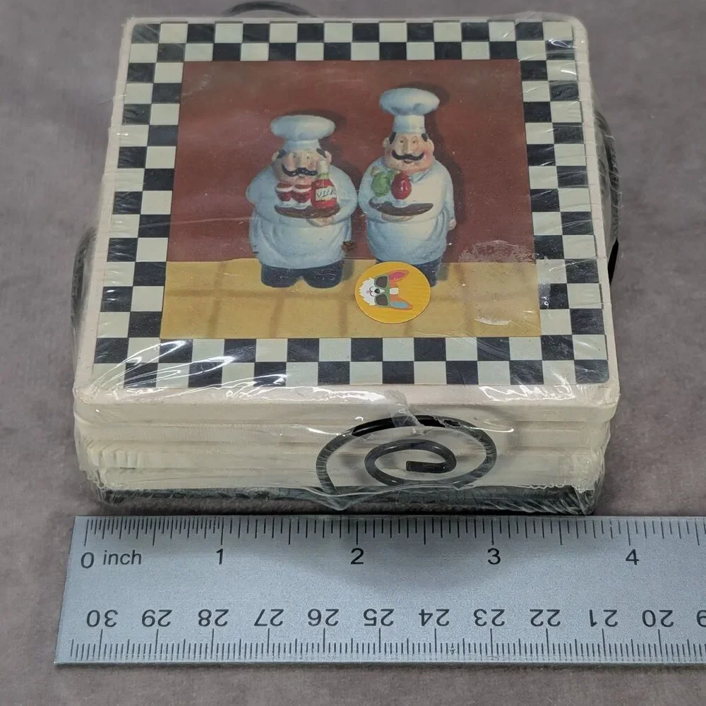 Italian Fat Chef Ceramic Stone Drink Coasters Set of 4 Metal Caddy Holder Sealed